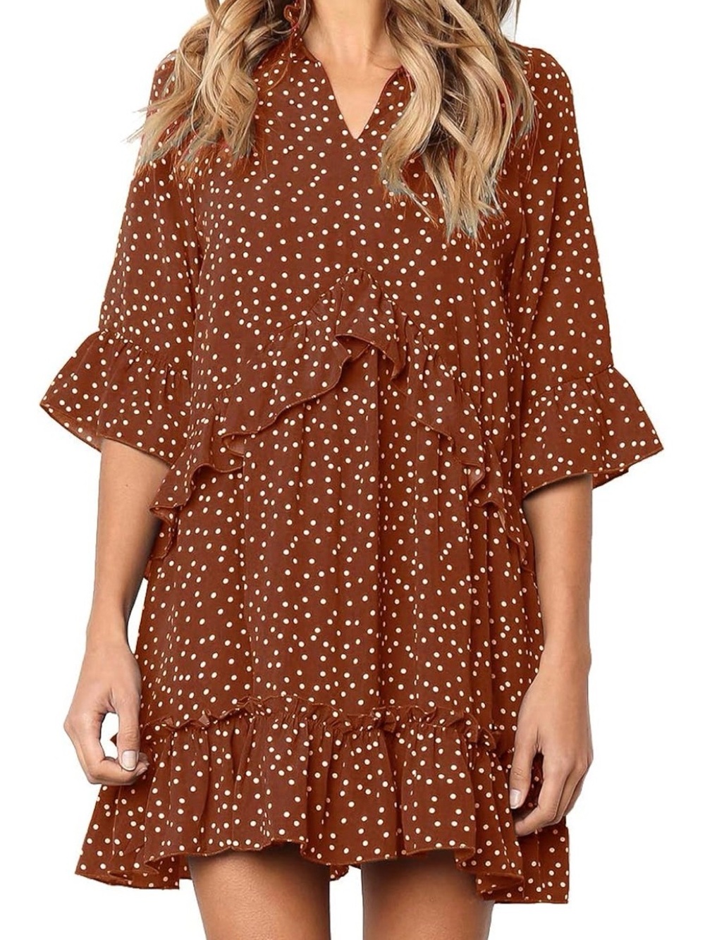 Polka Dot Ruffle V-Neck Dress
